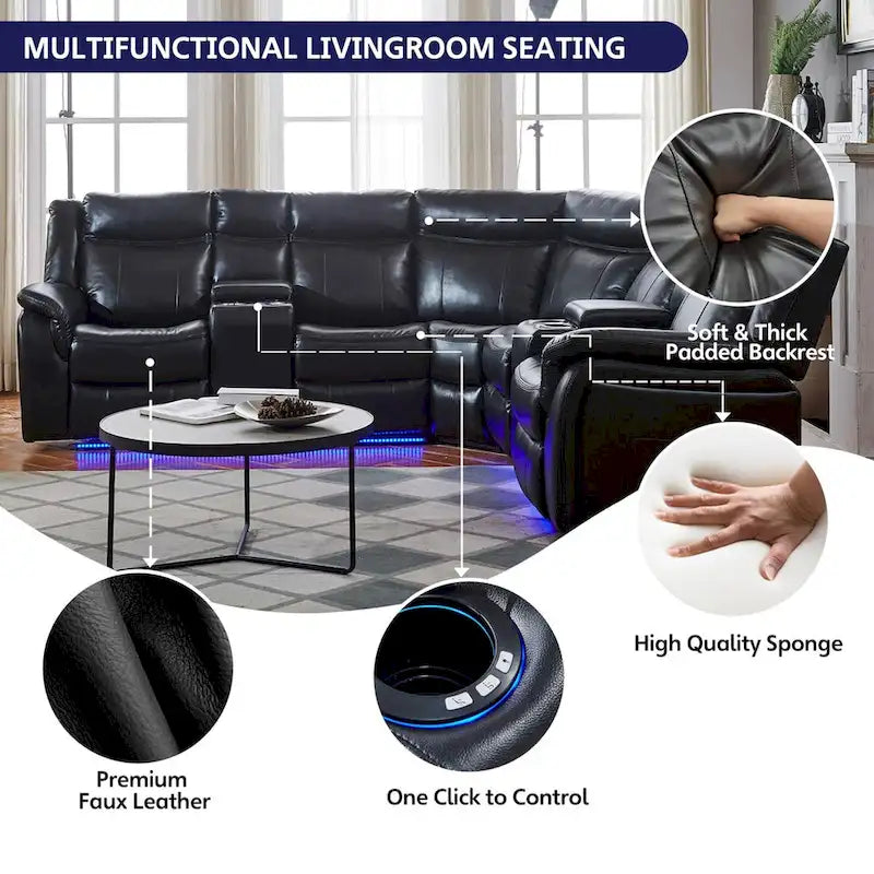 Canapé d'angle inclinable électrique avec lumière LED, fauteuil inclinable en similicuir, en forme de L, porte-gobelet, port USB pour salon, noir
