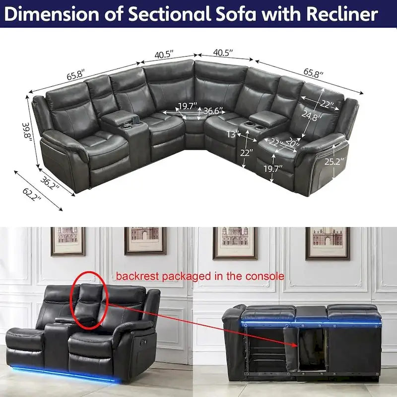 Canapé d'angle inclinable électrique avec lumière LED, fauteuil inclinable en similicuir, en forme de L, porte-gobelet, port USB pour salon, noir