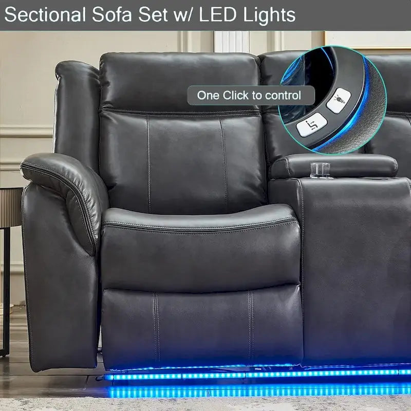 Canapé d'angle inclinable électrique avec lumière LED, fauteuil inclinable en similicuir, en forme de L, porte-gobelet, port USB pour salon, noir