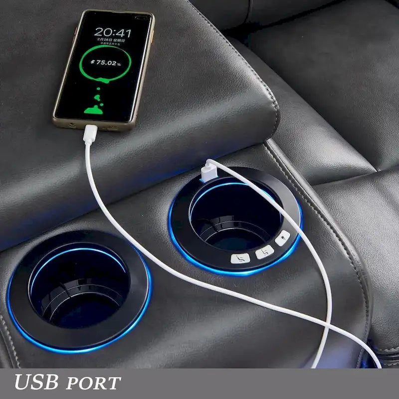 Canapé d'angle inclinable électrique avec lumière LED, fauteuil inclinable en similicuir, en forme de L, porte-gobelet, port USB pour salon, noir