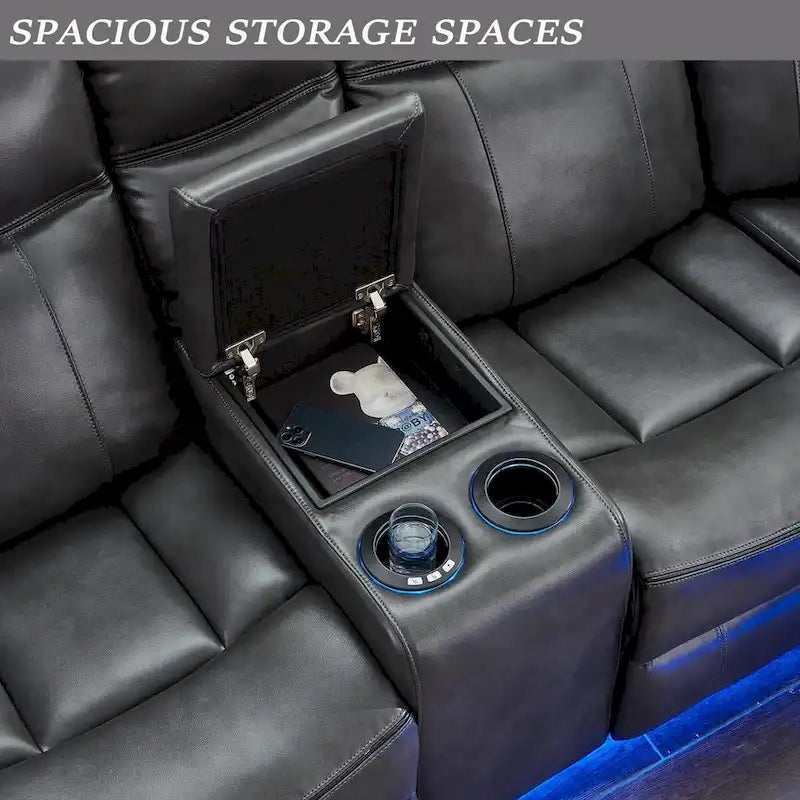 Canapé d'angle inclinable électrique avec lumière LED, fauteuil inclinable en similicuir, en forme de L, porte-gobelet, port USB pour salon, noir