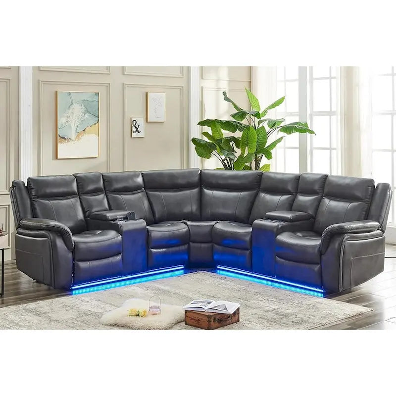 Canapé d'angle inclinable électrique avec lumière LED, fauteuil inclinable en similicuir, en forme de L, porte-gobelet, port USB pour salon, noir