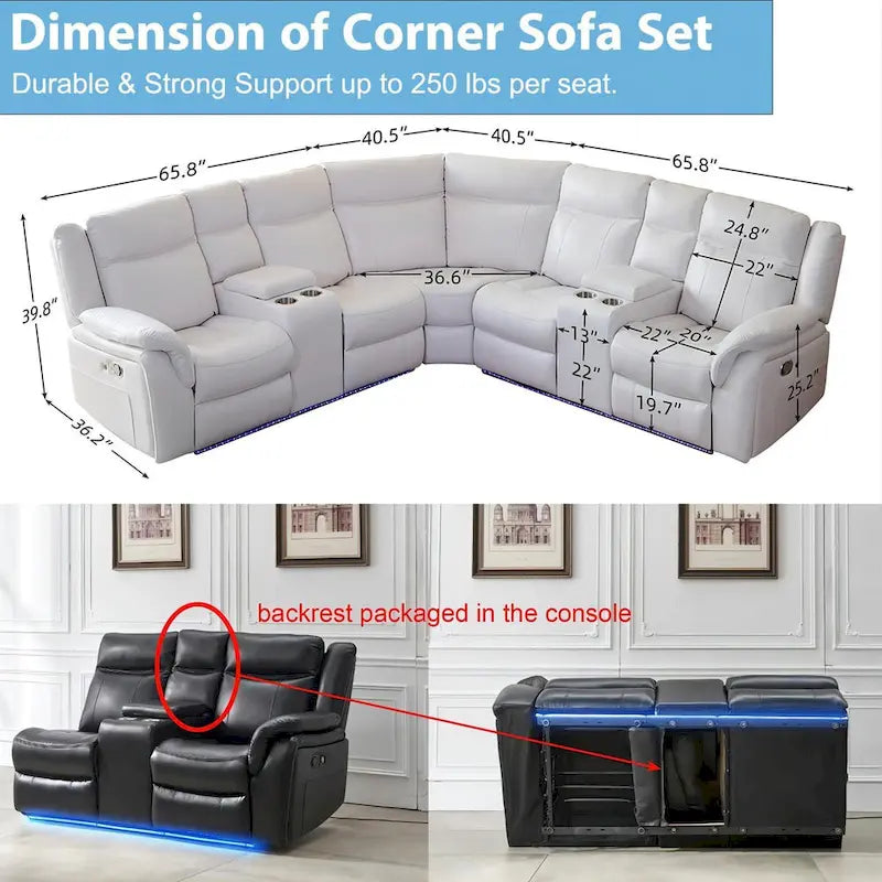 Canapé d'angle inclinable électrique avec lumière LED, fauteuil inclinable en similicuir, en forme de L, porte-gobelet, port USB pour salon, noir