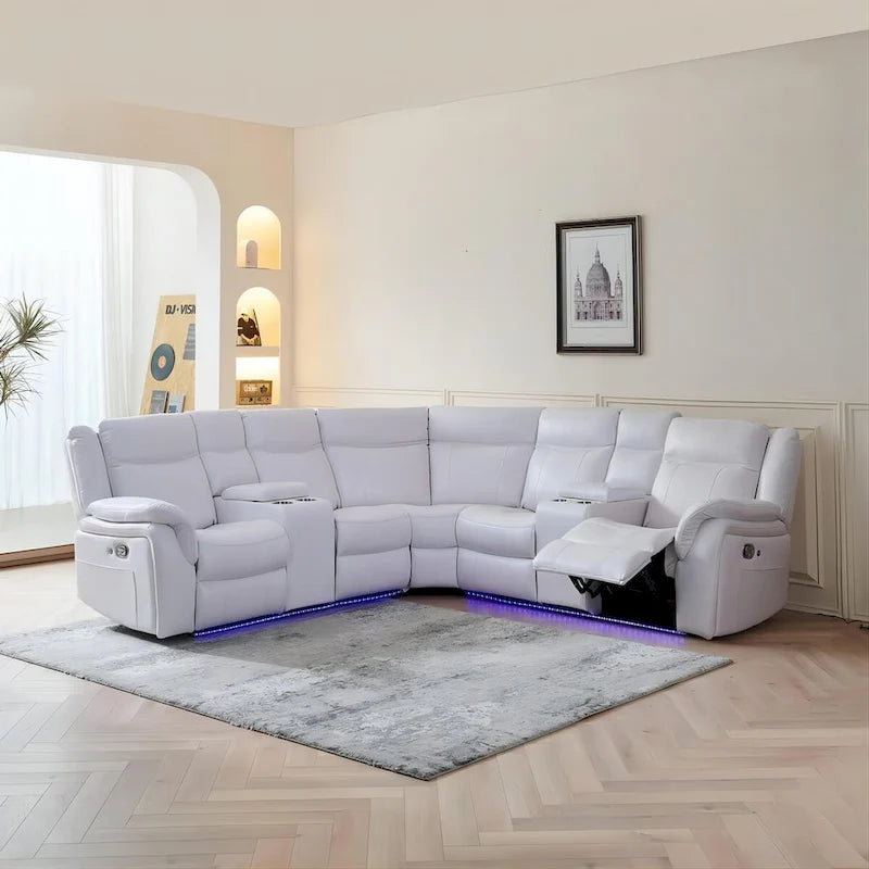 Canapé d'angle inclinable électrique avec lumière LED, fauteuil inclinable en similicuir, en forme de L, porte-gobelet, port USB pour salon, noir