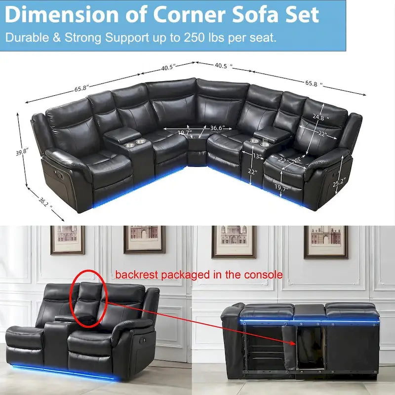 Canapé d'angle inclinable électrique avec lumière LED, fauteuil inclinable en similicuir, en forme de L, porte-gobelet, port USB pour salon, noir