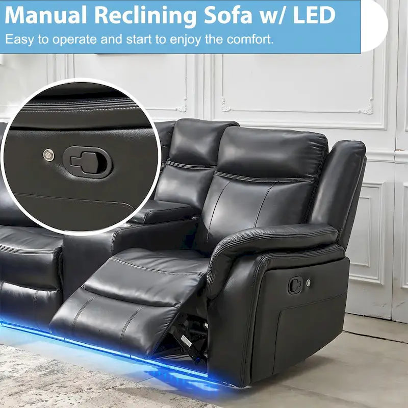 Canapé d'angle inclinable électrique avec lumière LED, fauteuil inclinable en similicuir, en forme de L, porte-gobelet, port USB pour salon, noir