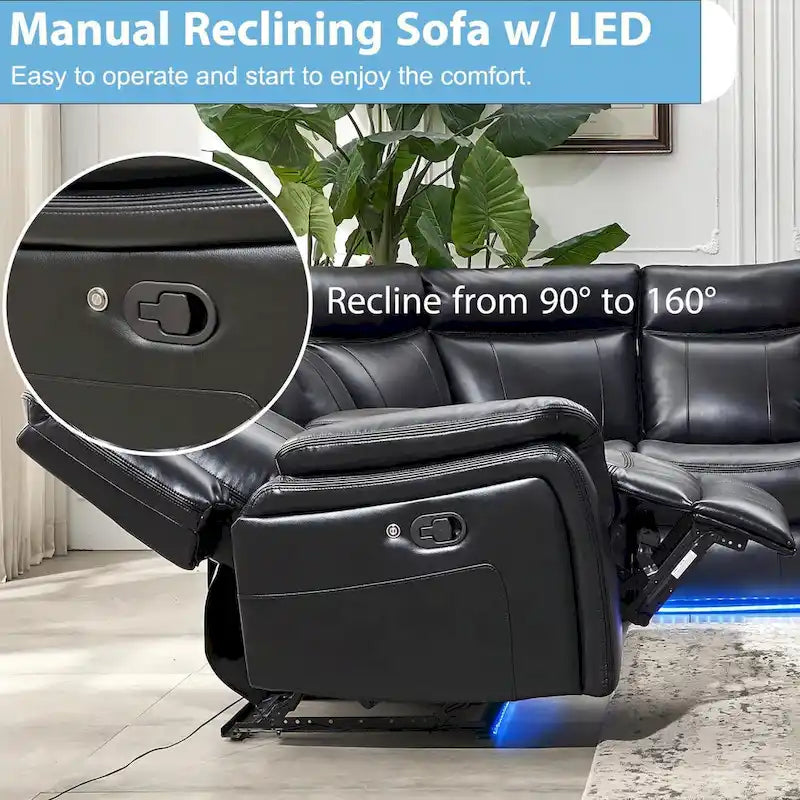 Canapé d'angle inclinable électrique avec lumière LED, fauteuil inclinable en similicuir, en forme de L, porte-gobelet, port USB pour salon, noir