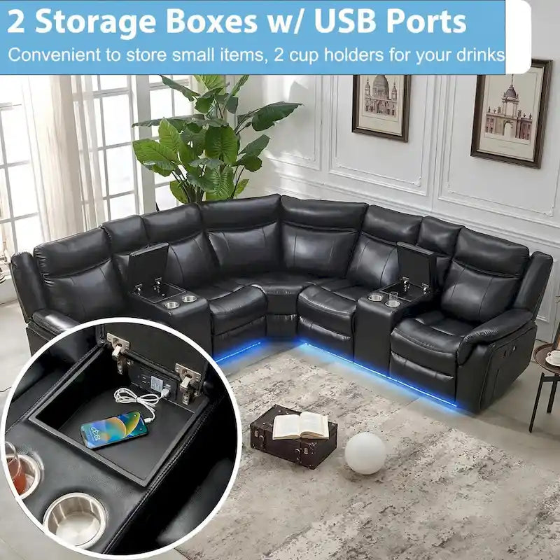 Canapé d'angle inclinable électrique avec lumière LED, fauteuil inclinable en similicuir, en forme de L, porte-gobelet, port USB pour salon, noir