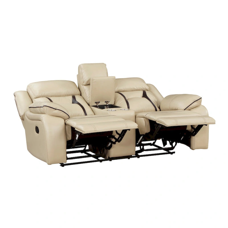 Causeuse inclinable manuelle double Millie de 193 cm, porte-gobelet, similicuir beige