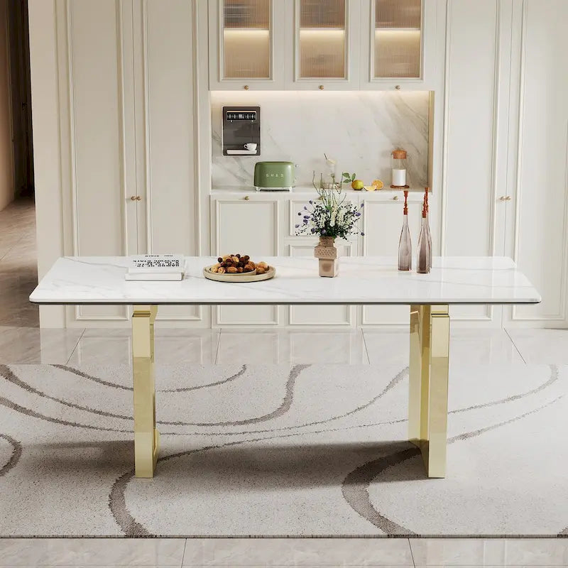 Table à manger rectangulaire avec plateau en verre trempé composite de pierre frittée de 0,47" d'épaisseur et piètement en acier inoxydable