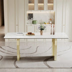 Table à manger rectangulaire avec plateau en verre trempé composite de pierre frittée de 0,47" d'épaisseur et piètement en acier inoxydable