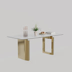 Table à manger rectangulaire avec plateau en verre trempé composite de pierre frittée de 0,47" d'épaisseur et piètement en acier inoxydable