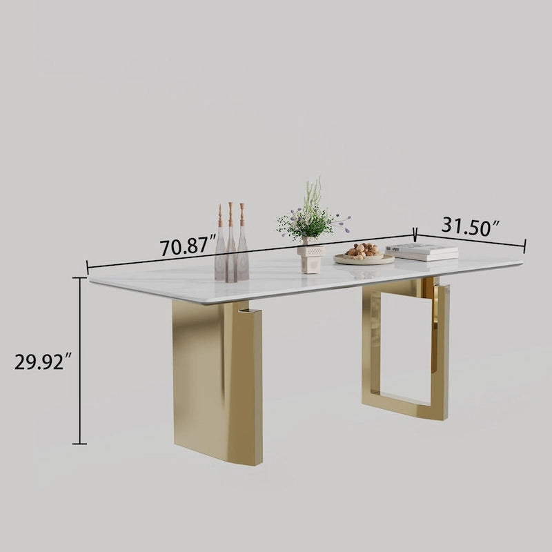 Table à manger rectangulaire avec plateau en verre trempé composite de pierre frittée de 0,47" d'épaisseur et piètement en acier inoxydable