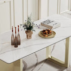 Table à manger rectangulaire avec plateau en verre trempé composite de pierre frittée de 0,47" d'épaisseur et piètement en acier inoxydable