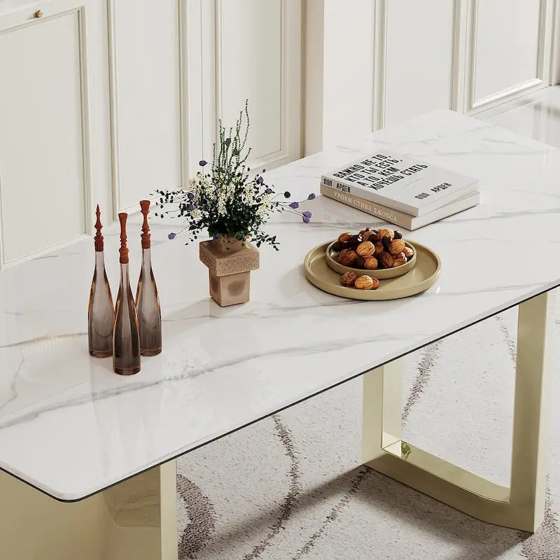 Table à manger rectangulaire avec plateau en verre trempé composite de pierre frittée de 0,47" d'épaisseur et piètement en acier inoxydable
