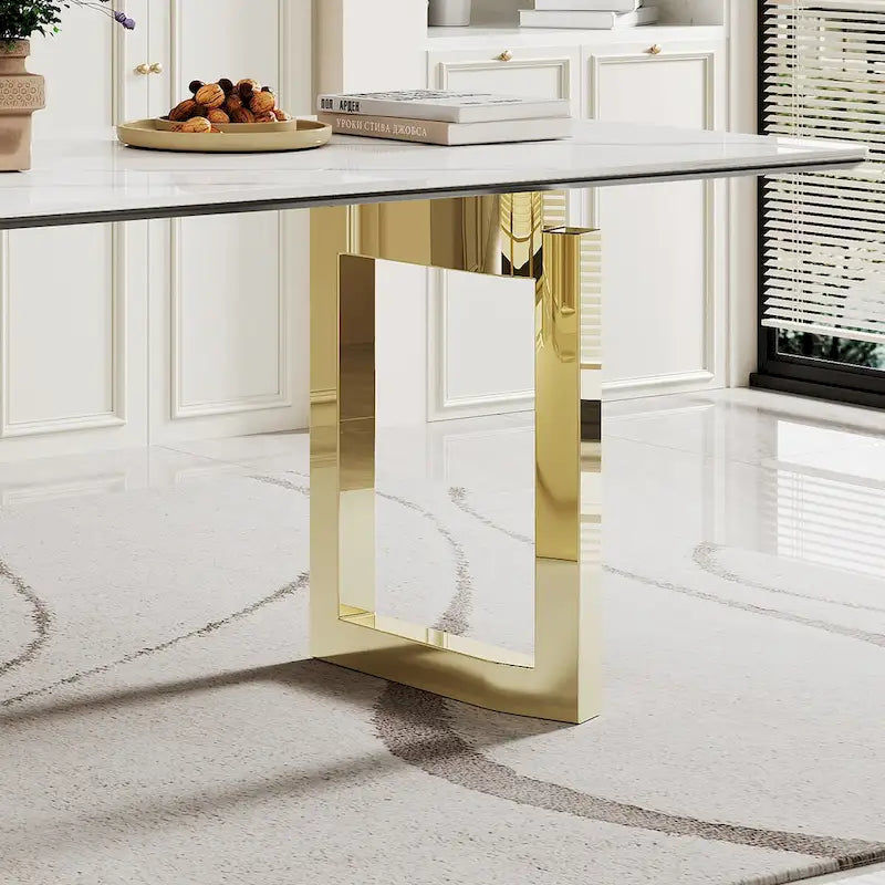 Table à manger rectangulaire avec plateau en verre trempé composite de pierre frittée de 0,47" d'épaisseur et piètement en acier inoxydable