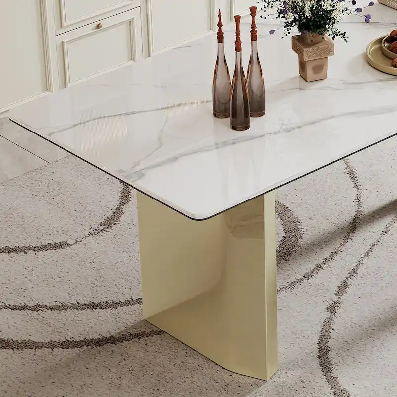 Table à manger rectangulaire avec plateau en verre trempé composite de pierre frittée de 0,47" d'épaisseur et piètement en acier inoxydable