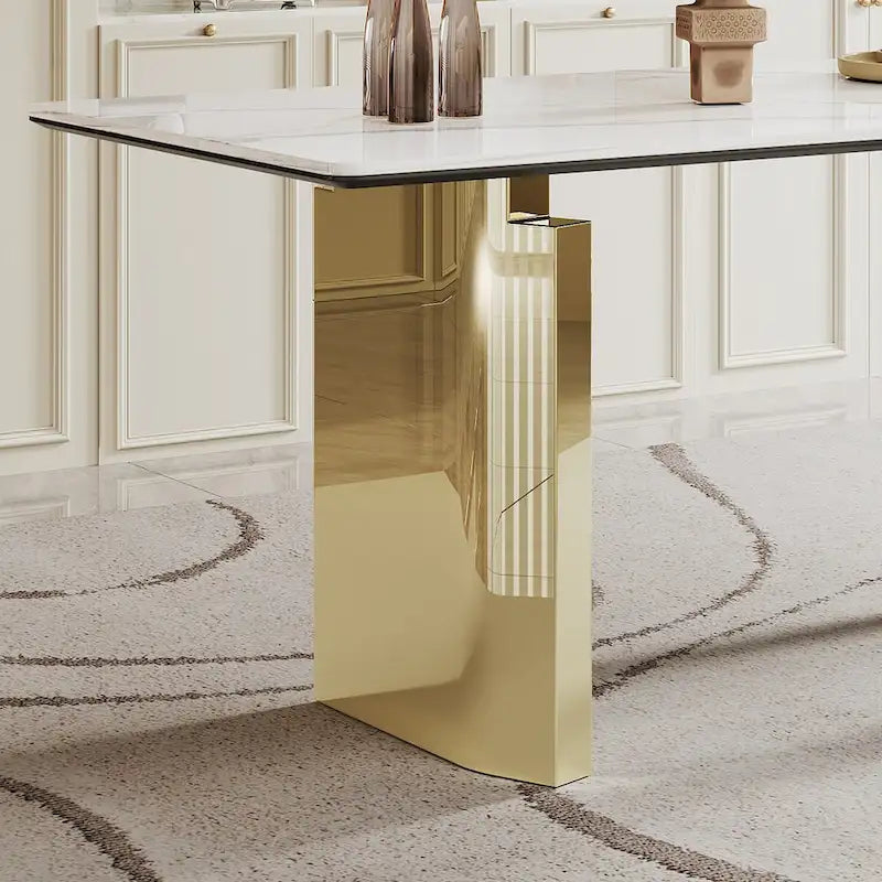 Table à manger rectangulaire avec plateau en verre trempé composite de pierre frittée de 0,47" d'épaisseur et piètement en acier inoxydable