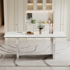 Table à manger rectangulaire avec plateau en verre trempé composite de pierre frittée de 0,47" d'épaisseur et piètement en acier inoxydable