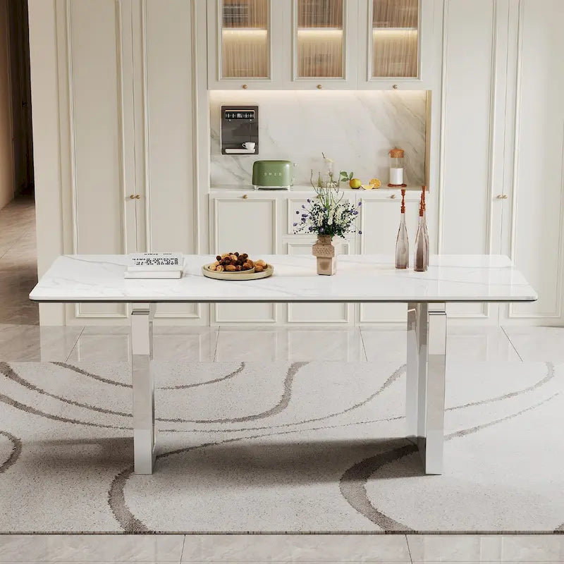 Table à manger rectangulaire avec plateau en verre trempé composite de pierre frittée de 0,47" d'épaisseur et piètement en acier inoxydable