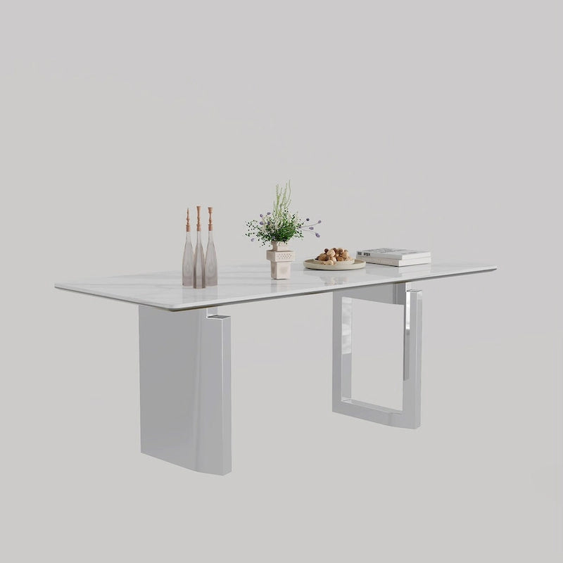 Table à manger rectangulaire avec plateau en verre trempé composite de pierre frittée de 0,47" d'épaisseur et piètement en acier inoxydable