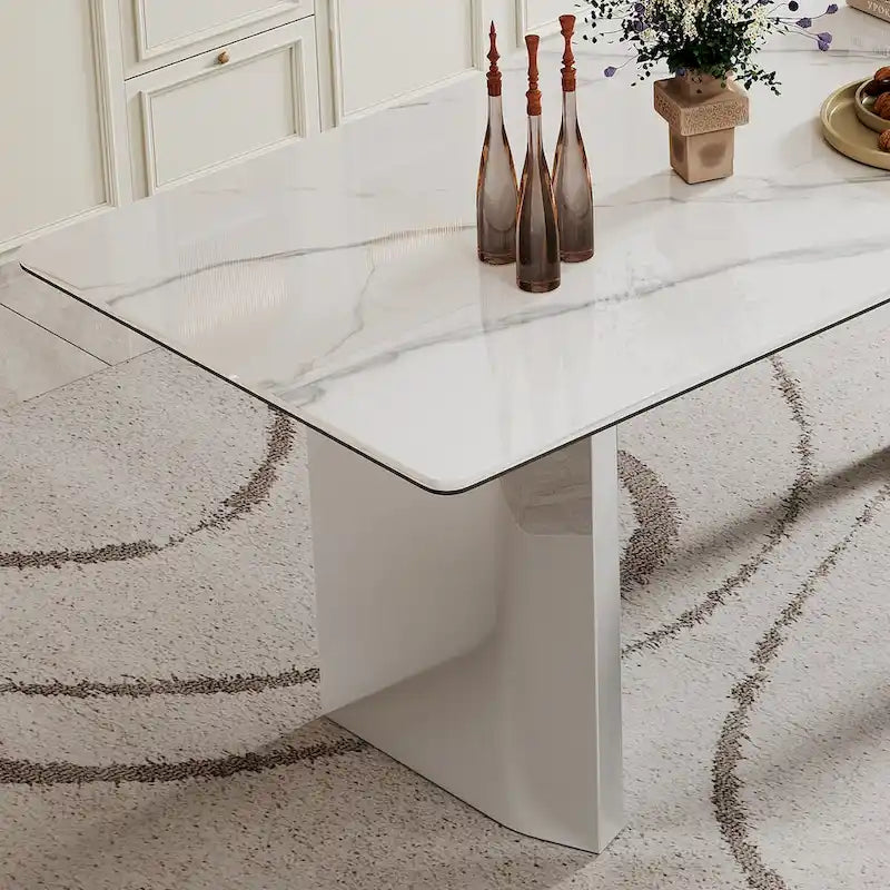 Table à manger rectangulaire avec plateau en verre trempé composite de pierre frittée de 0,47" d'épaisseur et piètement en acier inoxydable