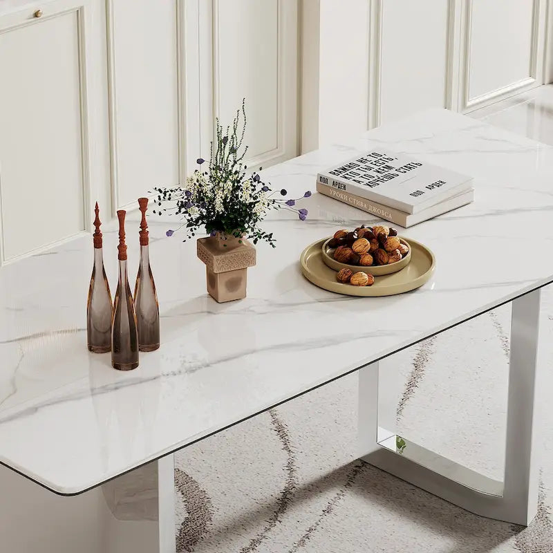 Table à manger rectangulaire avec plateau en verre trempé composite de pierre frittée de 0,47" d'épaisseur et piètement en acier inoxydable