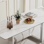Table à manger rectangulaire avec plateau en verre trempé composite de pierre frittée de 0,47" d'épaisseur et piètement en acier inoxydable