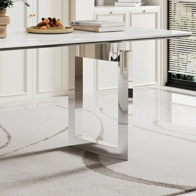 Table à manger rectangulaire avec plateau en verre trempé composite de pierre frittée de 0,47" d'épaisseur et piètement en acier inoxydable