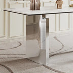Table à manger rectangulaire avec plateau en verre trempé composite de pierre frittée de 0,47" d'épaisseur et piètement en acier inoxydable