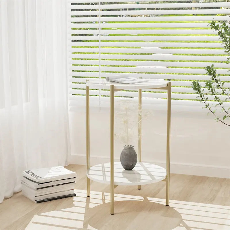 Table d'appoint ou table basse ronde à 2 plateaux en marbre avec étagère de rangement