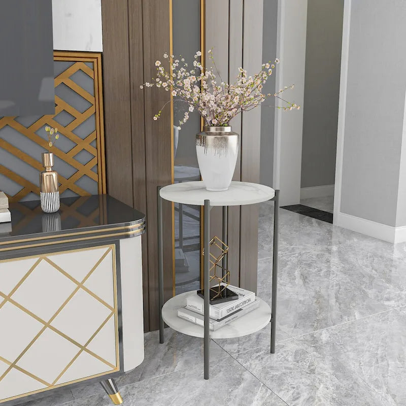 Table d'appoint ou table basse ronde à 2 plateaux en marbre avec étagère de rangement