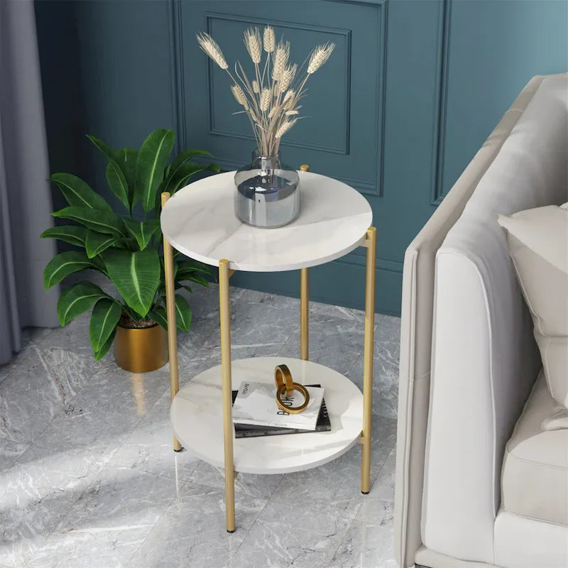 Table d'appoint ou table basse ronde à 2 plateaux en marbre avec étagère de rangement