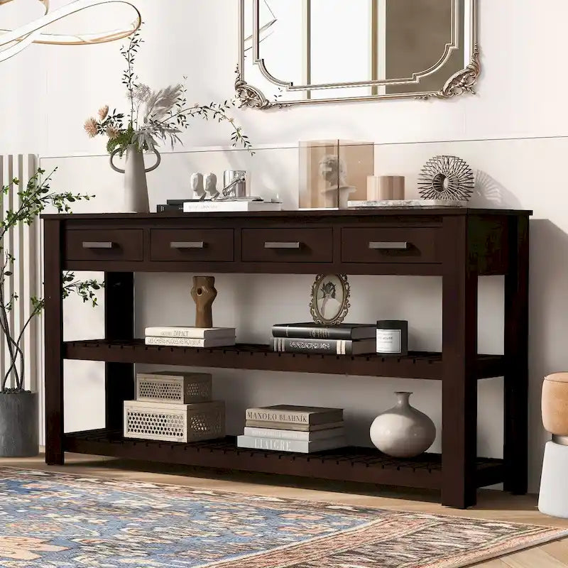 Table console d'entrée avec 4 tiroirs et 2 étagères pour couloir, salons