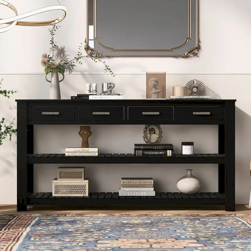 Table console d'entrée avec 4 tiroirs et 2 étagères pour couloir, salons