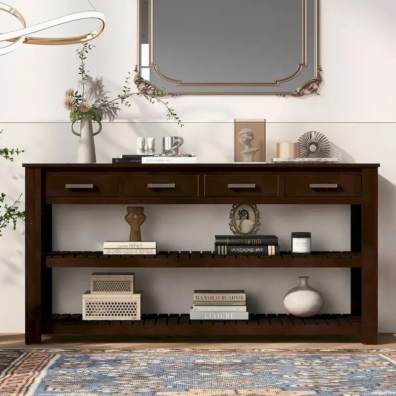 Table console d'entrée avec 4 tiroirs et 2 étagères pour couloir, salons