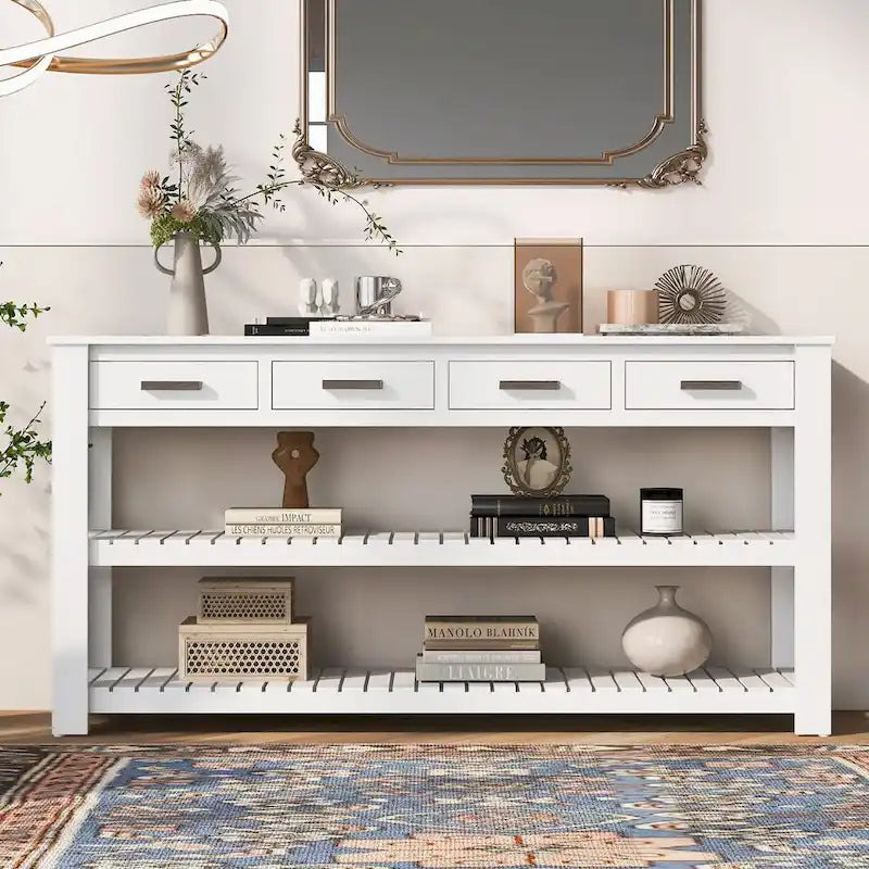 Table console d'entrée avec 4 tiroirs et 2 étagères pour couloir, salons