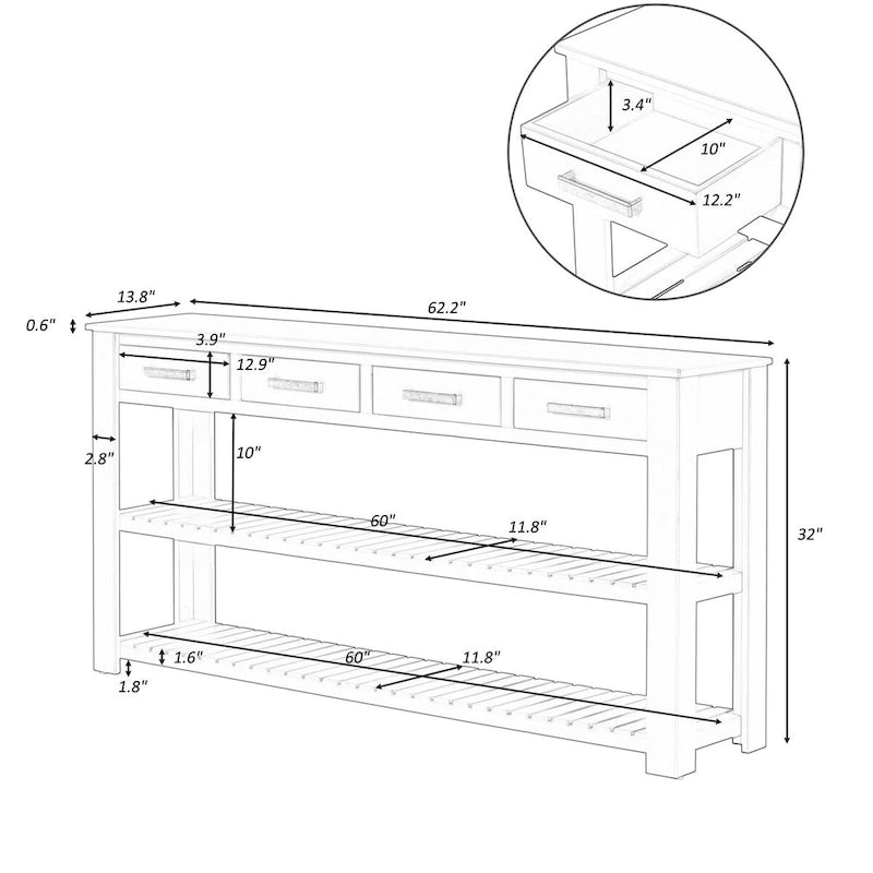 Table console d'entrée avec 4 tiroirs et 2 étagères pour couloir, salons