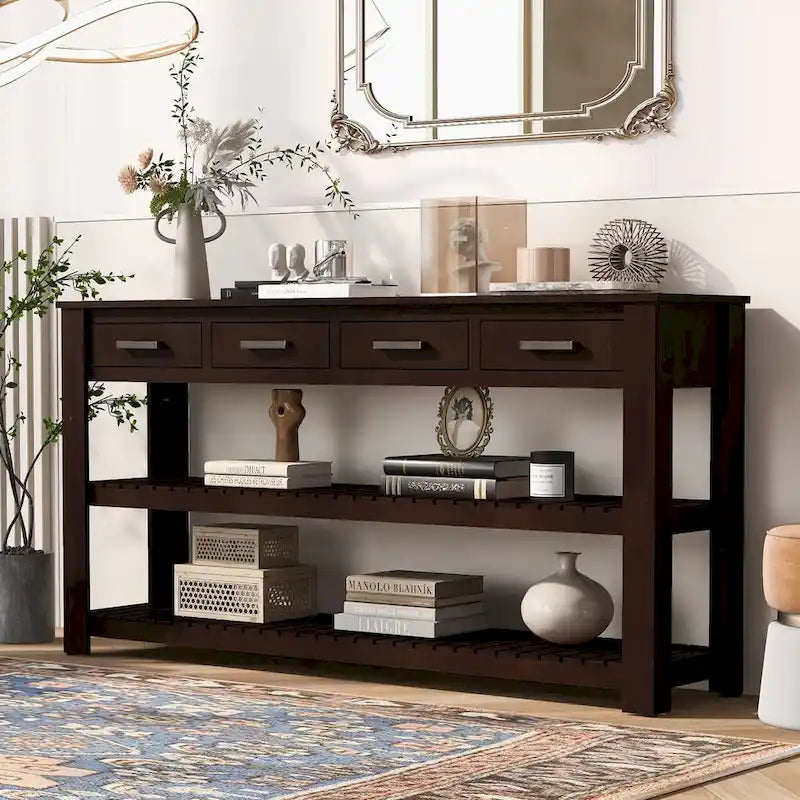 Table console d'entrée avec 4 tiroirs et 2 étagères pour couloir, salons