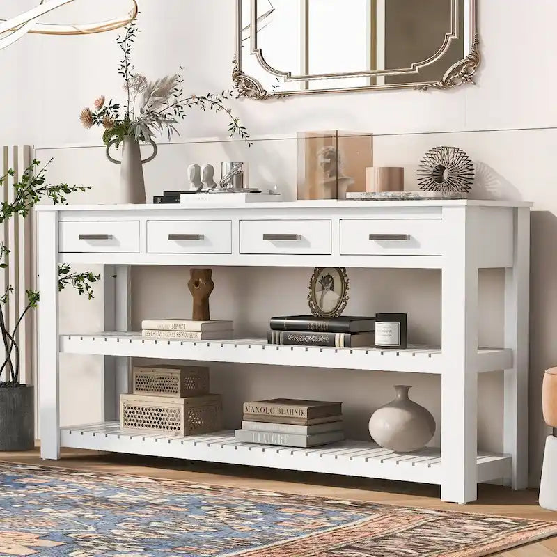 Table console d'entrée avec 4 tiroirs et 2 étagères pour couloir, salons