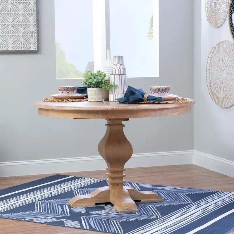 Table à manger ronde rustique en pin massif – Pied central, 4 places, 122 cm