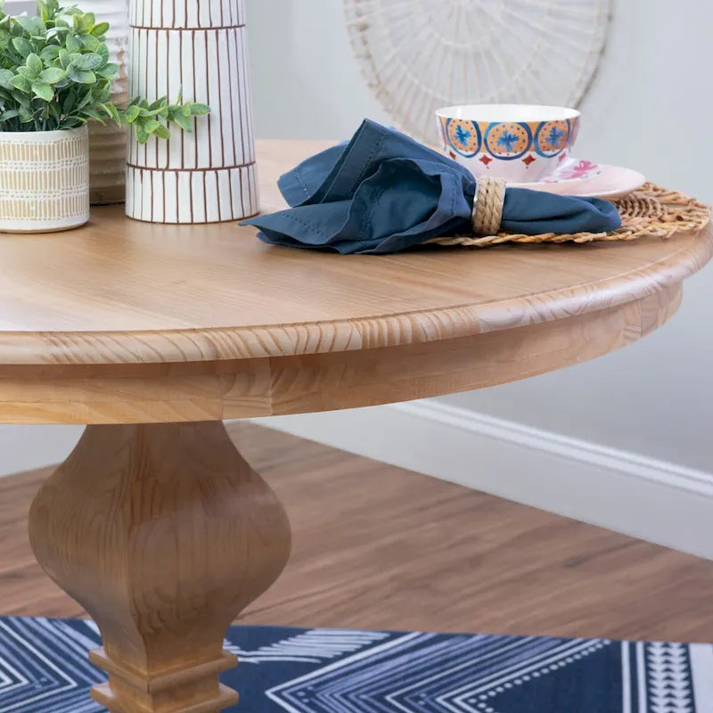 Table à manger ronde rustique en pin massif – Pied central, 4 places, 122 cm