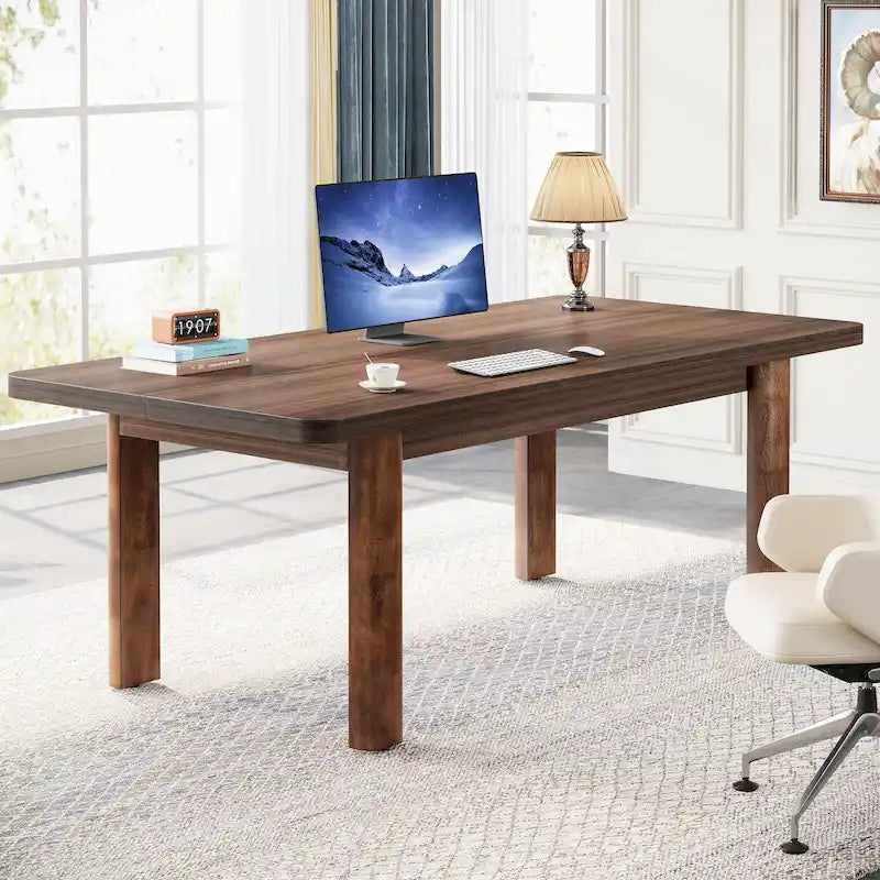 Grand bureau d'ordinateur de 63 pouces, bureau de direction avec pieds en bois massif