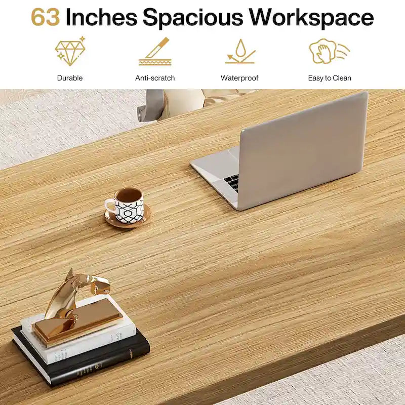 Grand bureau d'ordinateur de 63 pouces, bureau de direction avec pieds en bois massif
