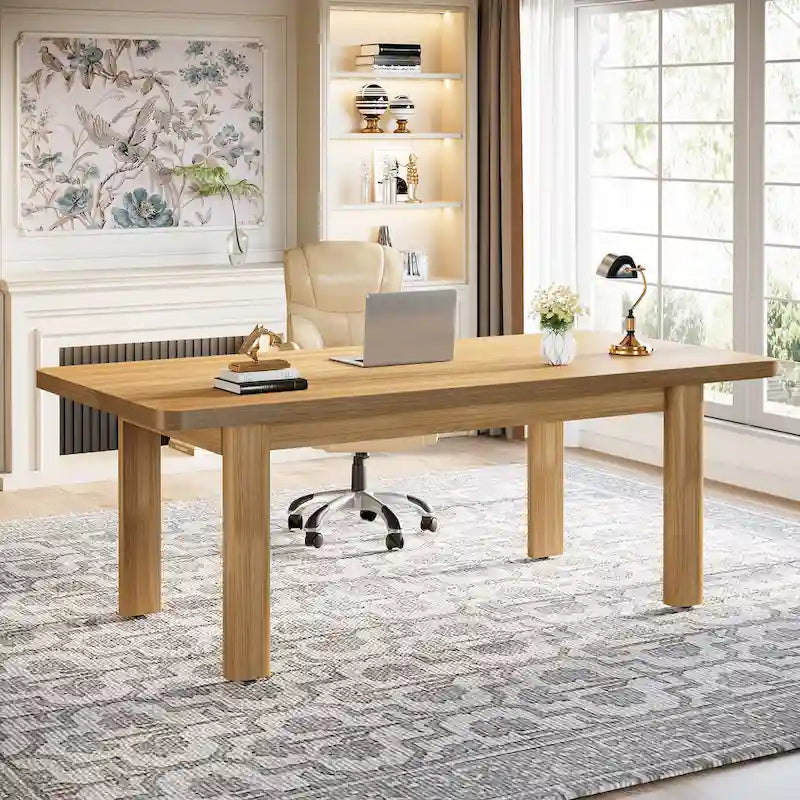Grand bureau d'ordinateur de 63 pouces, bureau de direction avec pieds en bois massif