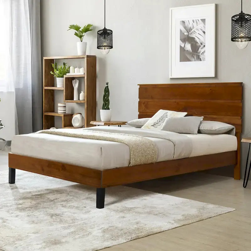 Cadre de lit plateforme en bois massif style Mid-Century Modern avec tête de lit en 3 parties