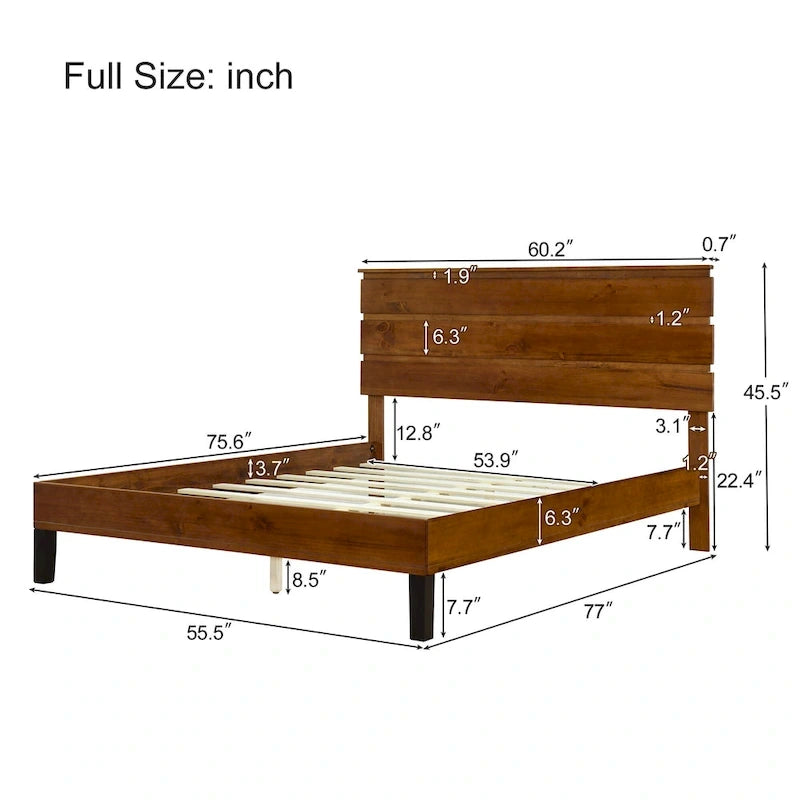 Cadre de lit plateforme en bois massif style Mid-Century Modern avec tête de lit en 3 parties