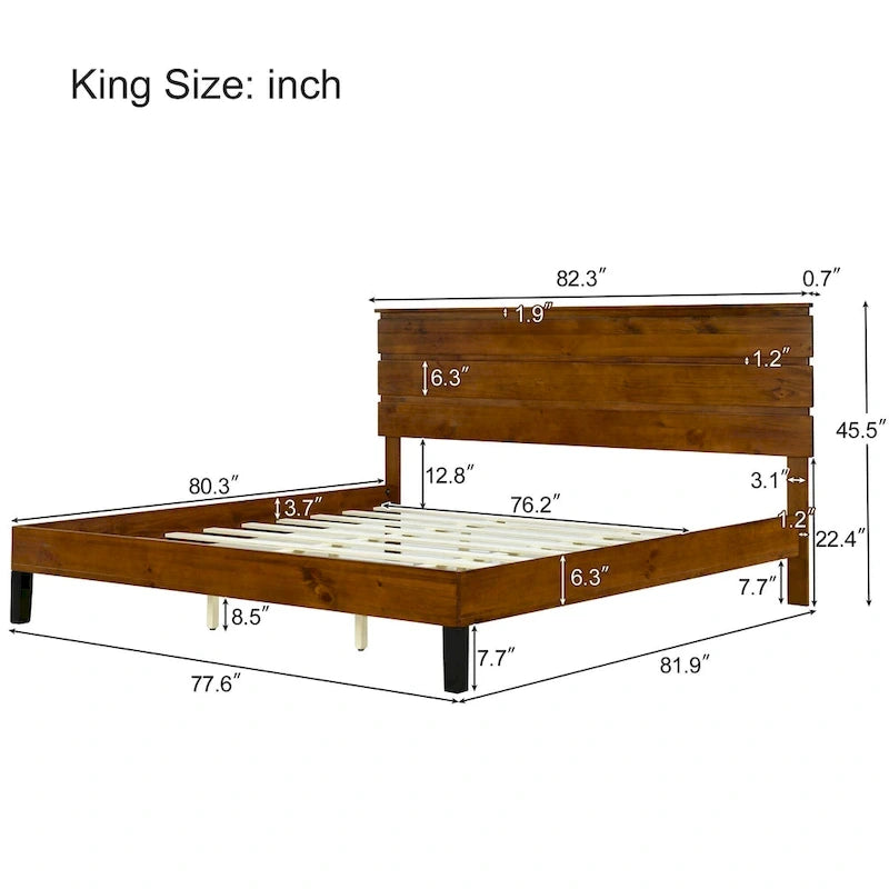Cadre de lit plateforme en bois massif style Mid-Century Modern avec tête de lit en 3 parties