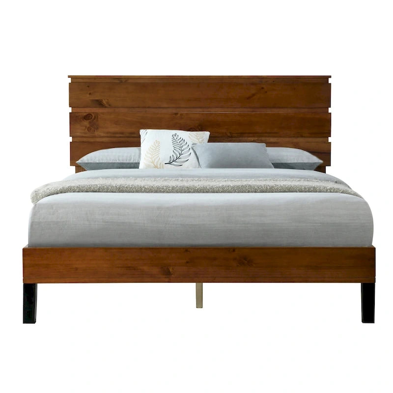 Cadre de lit plateforme en bois massif style Mid-Century Modern avec tête de lit en 3 parties