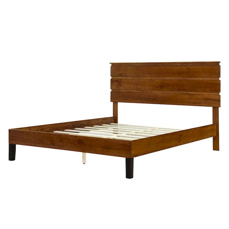 Cadre de lit plateforme en bois massif style Mid-Century Modern avec tête de lit en 3 parties